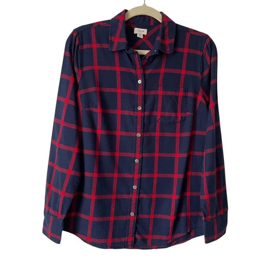 J. Crew Checkered in Dark Blue and Crimson Long Sleeve Button Up Plaid Shirt S